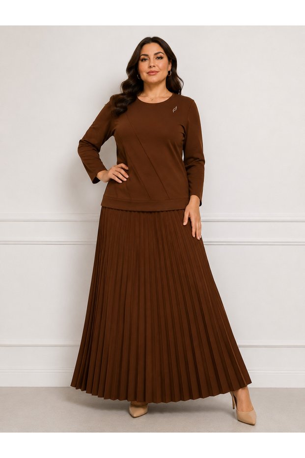 Women's Middle-Aged and Above Large Size Stone Embroidered Mom Pleated Skirt Blouse Set 1445