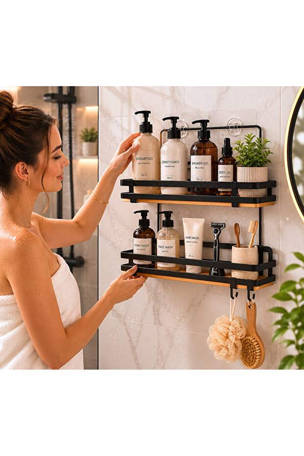 Premium double shelf for bathroom or kitchen, 5Five Simply Smart, installation without drilling, durable adhesive backing, metal and wood, black with wood look - 8