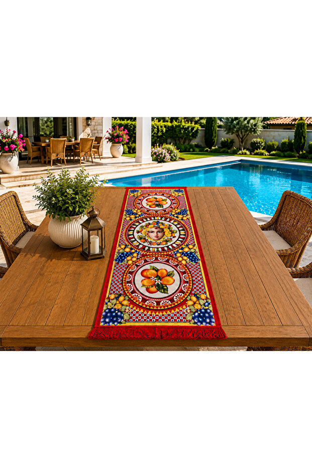 Red Patterned Runner with Tassels
