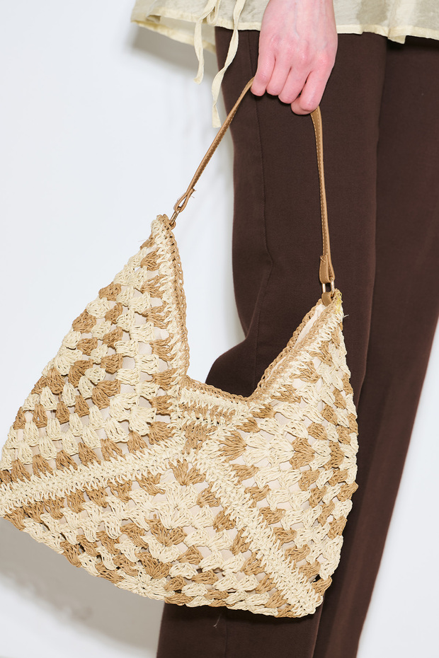 Patterned Wicker Handbag Beige - 6
