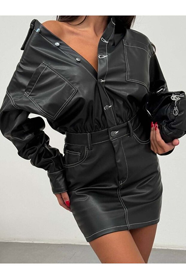 Women's Contrast Stitched Snap Fastener Mini Leather Lycra Jumpsuit