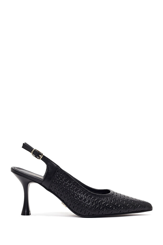 Women's Black Ankle Buckle Printed Thin Heeled Open Back Leather Shoes 26Pfd161126