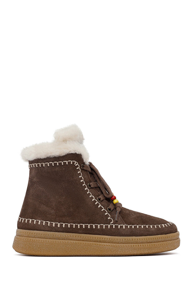 Women's Brown Lace-Up Thick Soled Suede Leather Teddy Boots 25Wfd205310