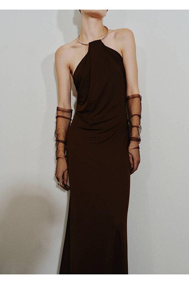 İnce örgü choker yaka elbise - 7