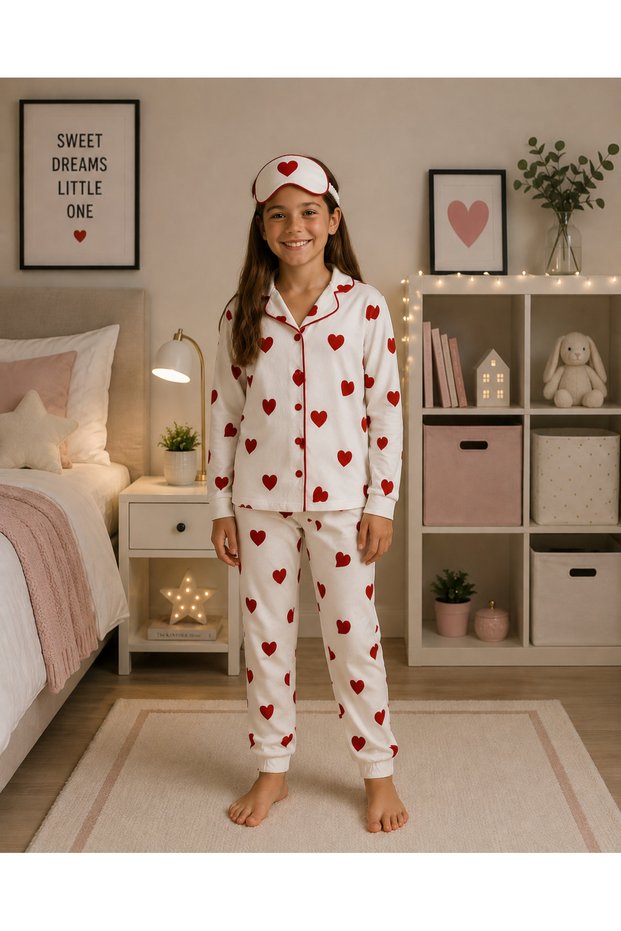 Girls' 100% Cotton Suede Fabric White Heart Pattern Shirt Collar Buttoned Long Sleeve Winter Pajama Set