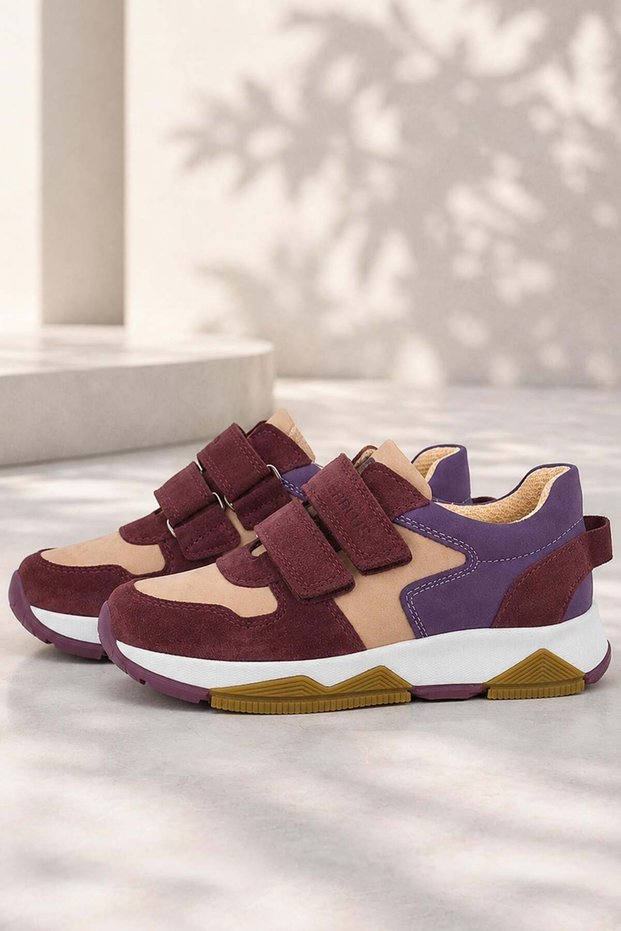 Genuine Leather Claret Red Pink Girls Velcro Sneakers Sports Shoes