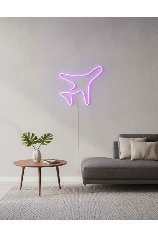Uçak Figürlü LED Neon Duvar Tablosu | Mor Aydınlatmalı Modern Dekor | Çocuk Genç Odası - 3