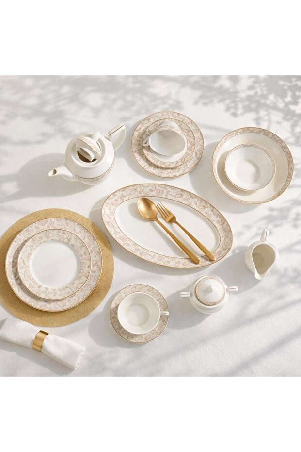 Rosetta 49-piece New Bone China Dinner Set -white & Beige
