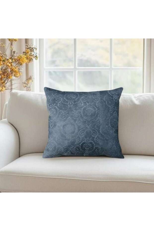Engraved Damask Down Alt Filled Leather Cushion 50x50cm - Blue