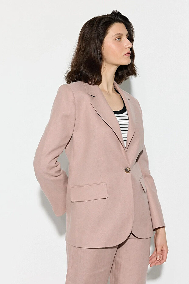 Single Button Linen Blazer Jacket - Powder - 3