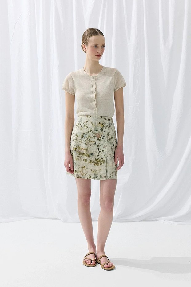 Trace Collection Eco Print Wrap Cut Mini Skirt - Green