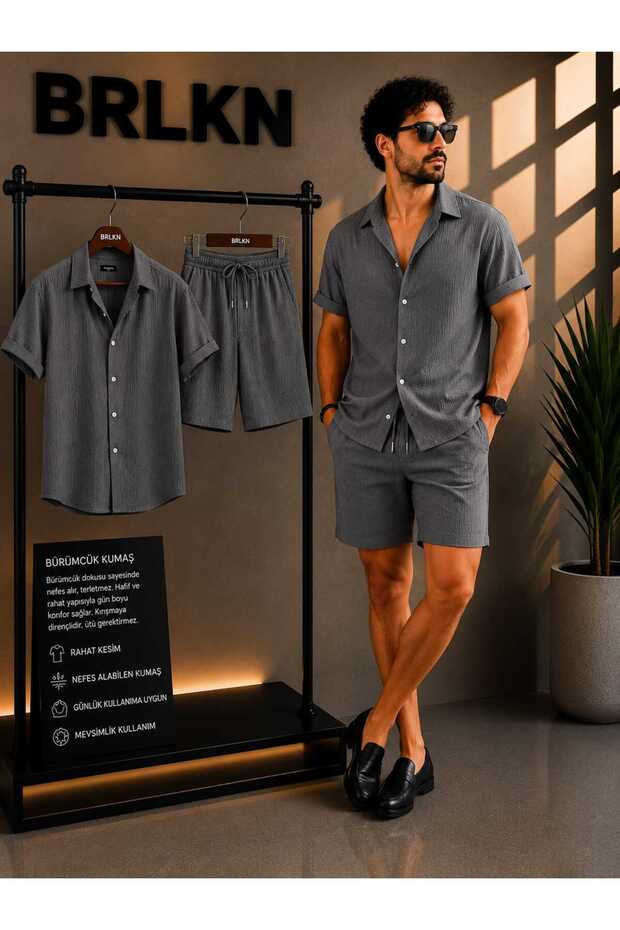 Boyfriend Fit Waffle Fabric Alaçatı Style Unisex Wrinkled Short Sleeve Shirt Shorts Set