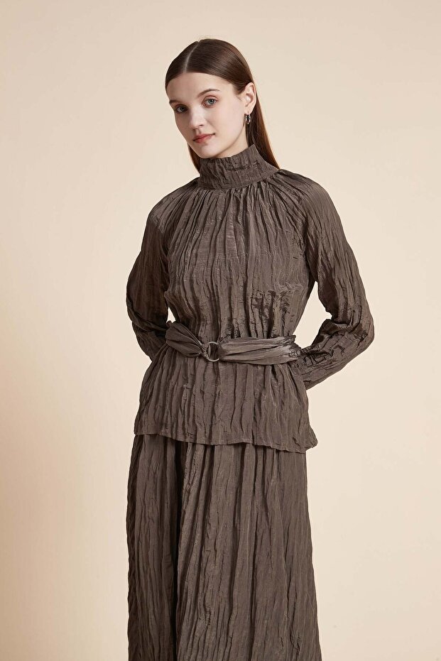 Plain Blouse with High Neck and Long Sleeves
