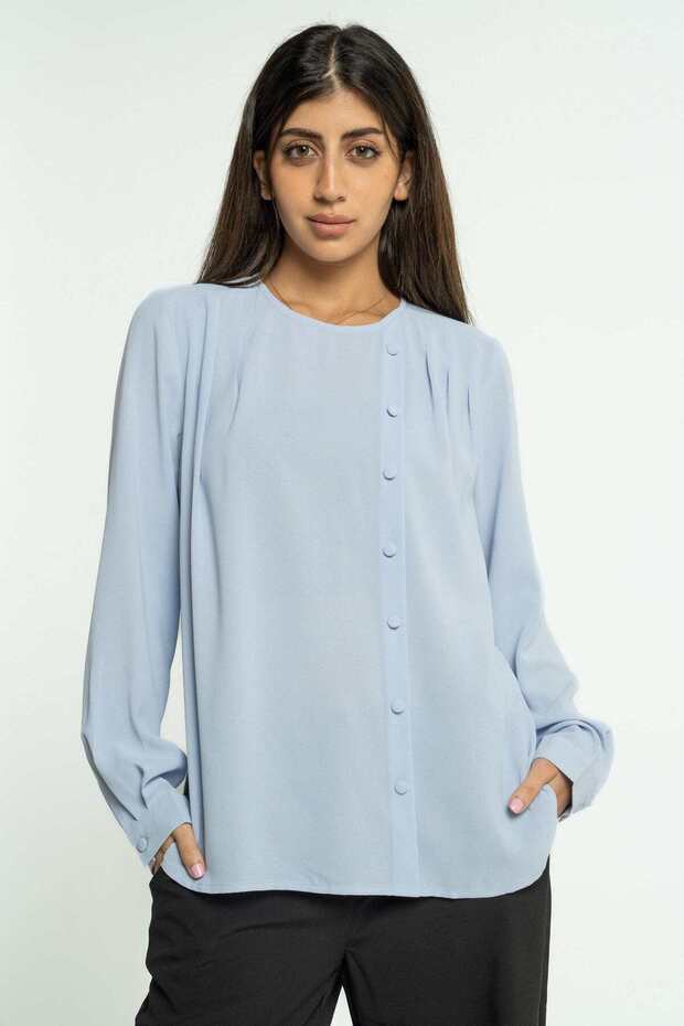 Solid Button-Front Long Sleeve Blouse - 1