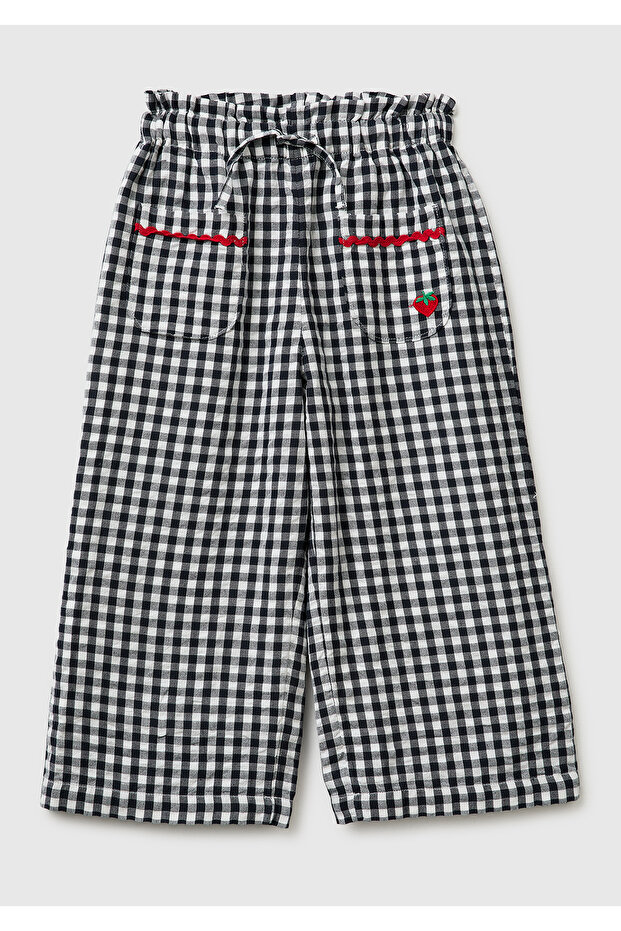 Girl's grey elastic waistband drawstring embroidered pocket checkered pants
