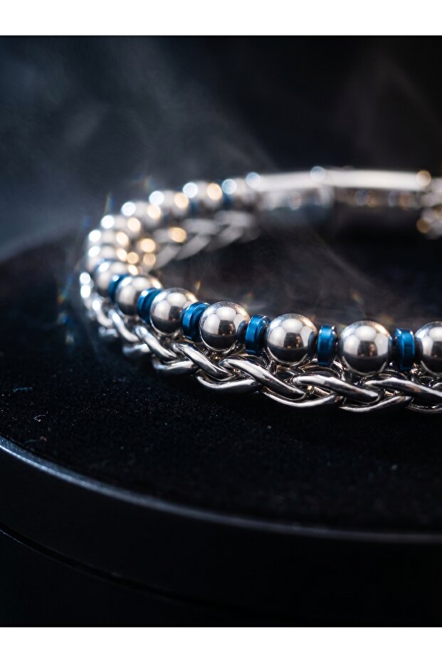 Men's Bracelet Steel Chain Blue Hematite Premium Gift Tag 01828