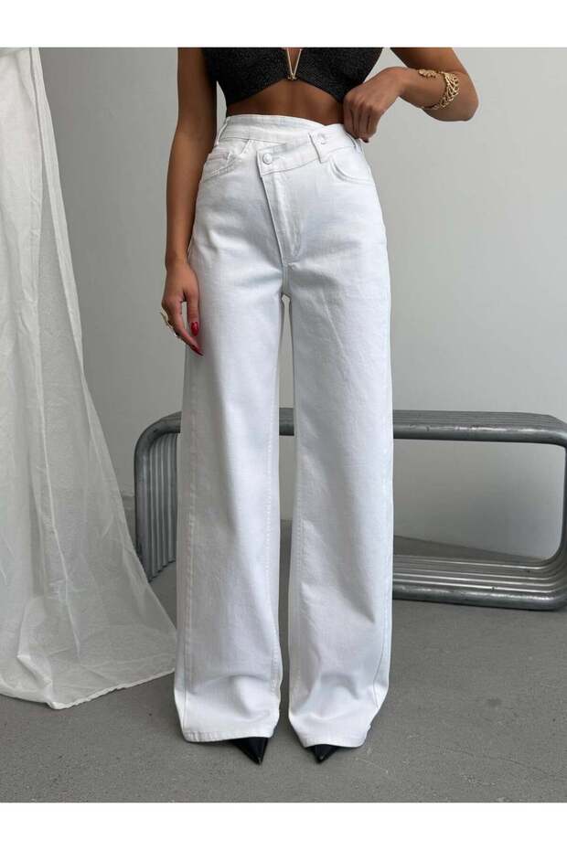 Women's 98% Cotton High-Waist Asymmetrical Waist Wide Leg Jeans