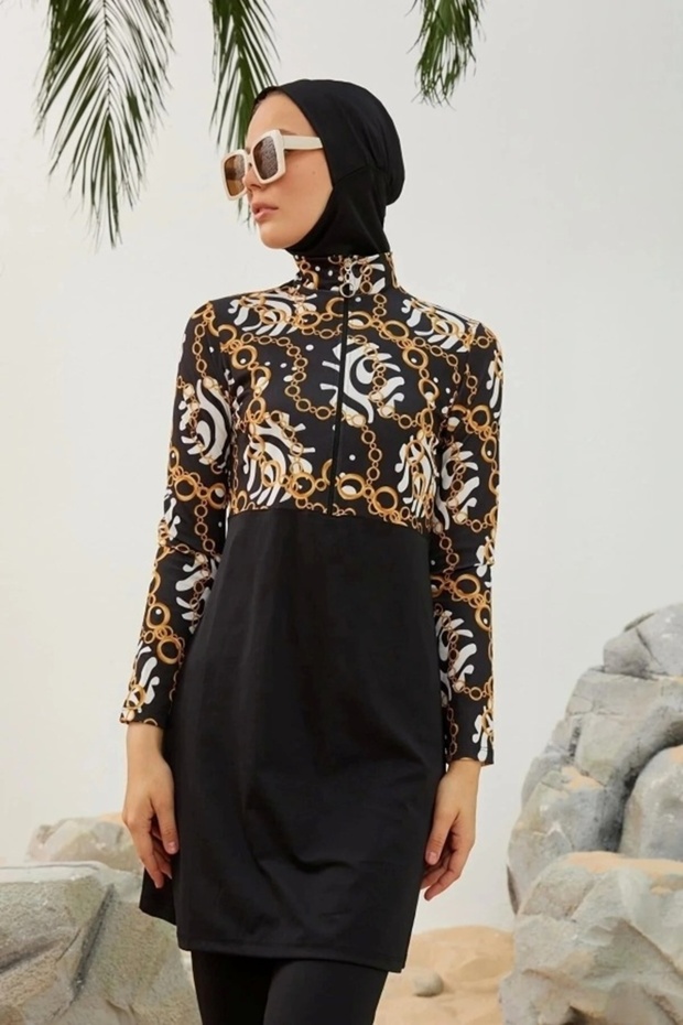 Half Zipper Lycra Full Covered Hijab Swimsuit