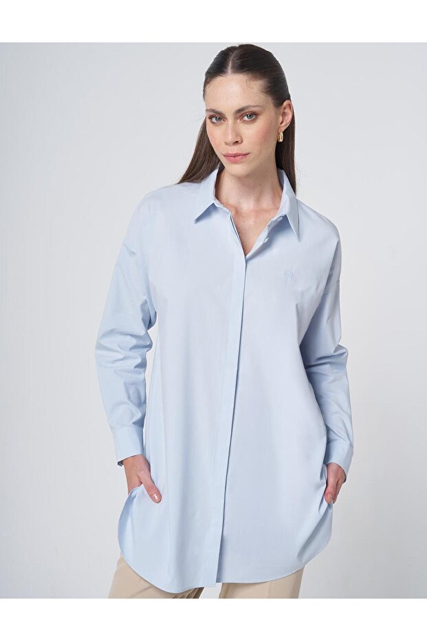 Shirt Collar Basic Poplin Tunic Ice Blue - 1