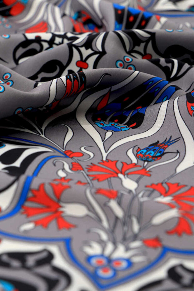 Gray Çintemani Carnation Pattern Silky Handkerchief - 3