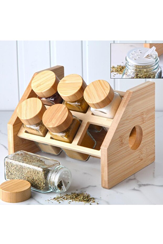 6-Piece Glass Spice Jar Set with Bamboo Stand, Spice Set 3870