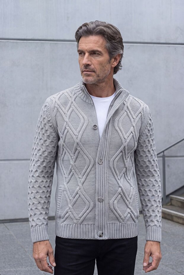 Men's Thick Knitwear Light Grey Cardigan Classic Fit with Buttons and Zippered Pockets - 5248m