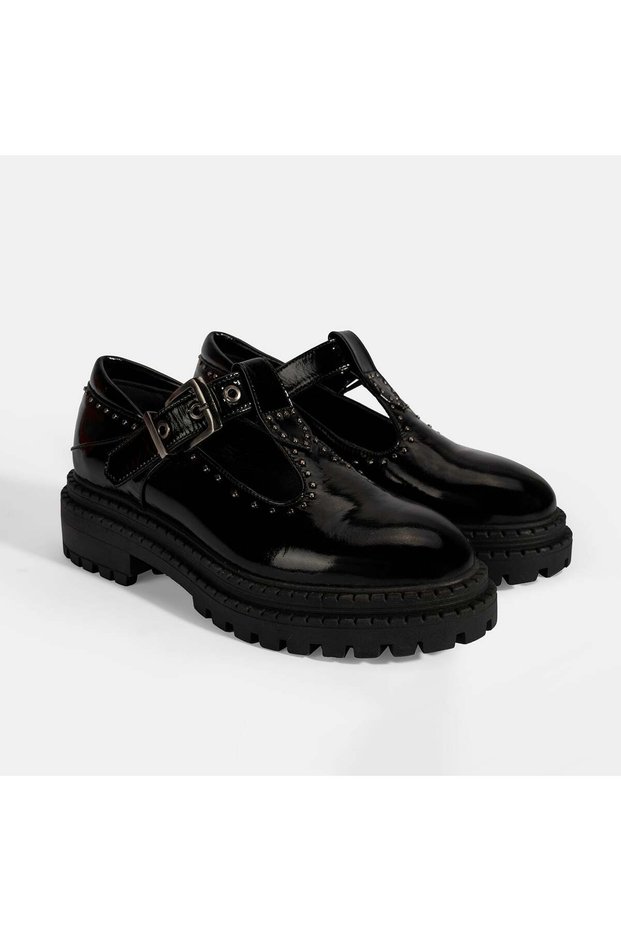 Women's Black Studded Detailed T-Band Patent Leather Shoes