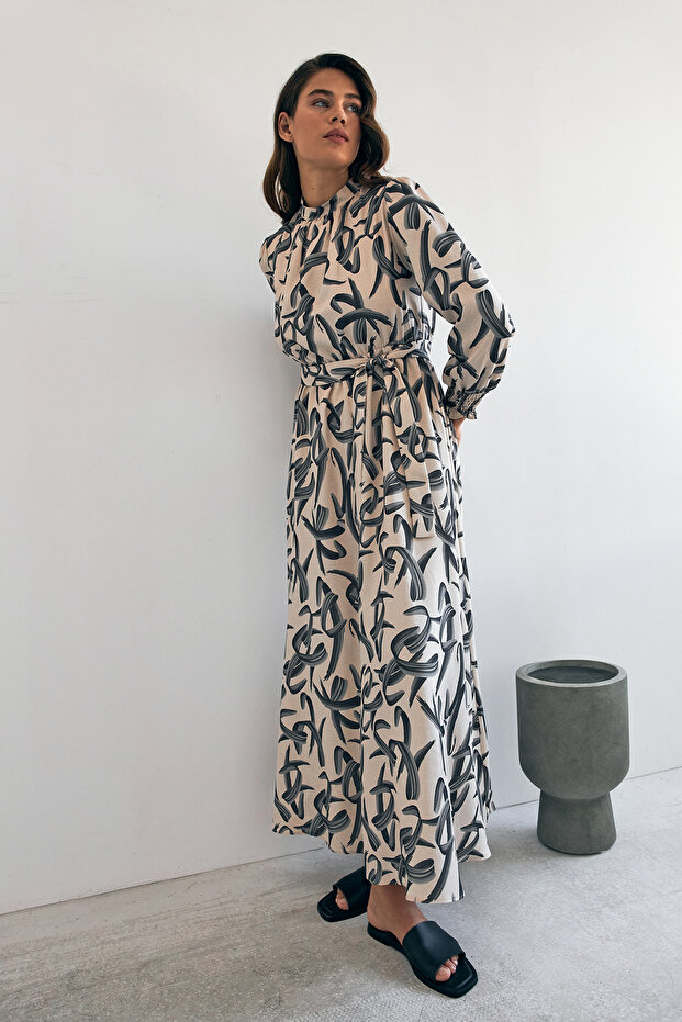 Vento Patterned Dress - Black - 1