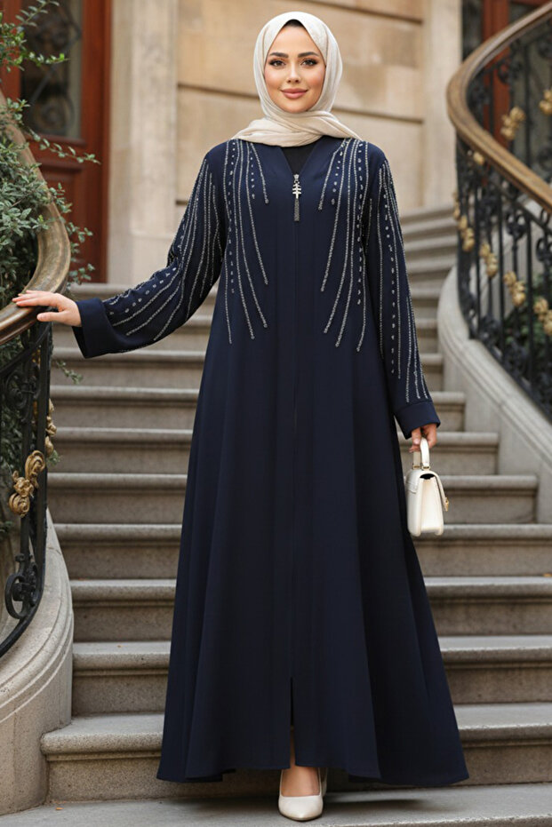 Beaded Navy Blue Hijab Abaya 29111L