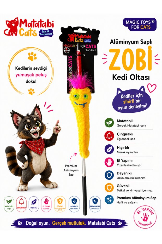 Matatabi Cats Zobi̇ Al. Cat Fishing Rod with Handle(Matatabi, Includes Rattle, Special Rustle, Special Plush Fabric)