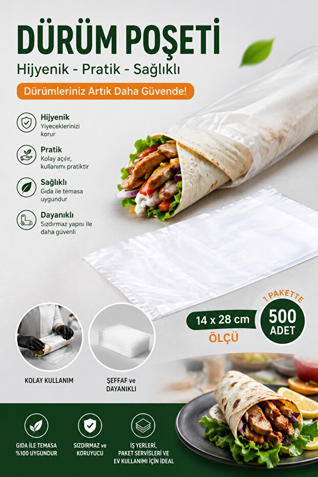 500 Pieces 🥙 1 Pack of Dürüm Bags 14X28 🥙 Transparent Bag 🥙 Packaging Leak-Proof Dumpling Bag 🥙