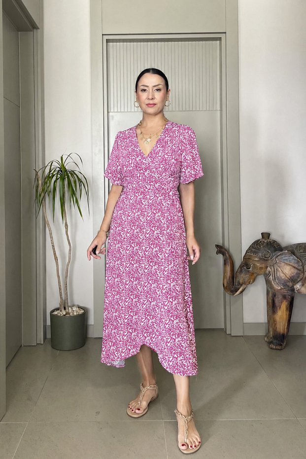Cross-Tied Tiril Soft Textured V-Neck Patterned Midi Dress