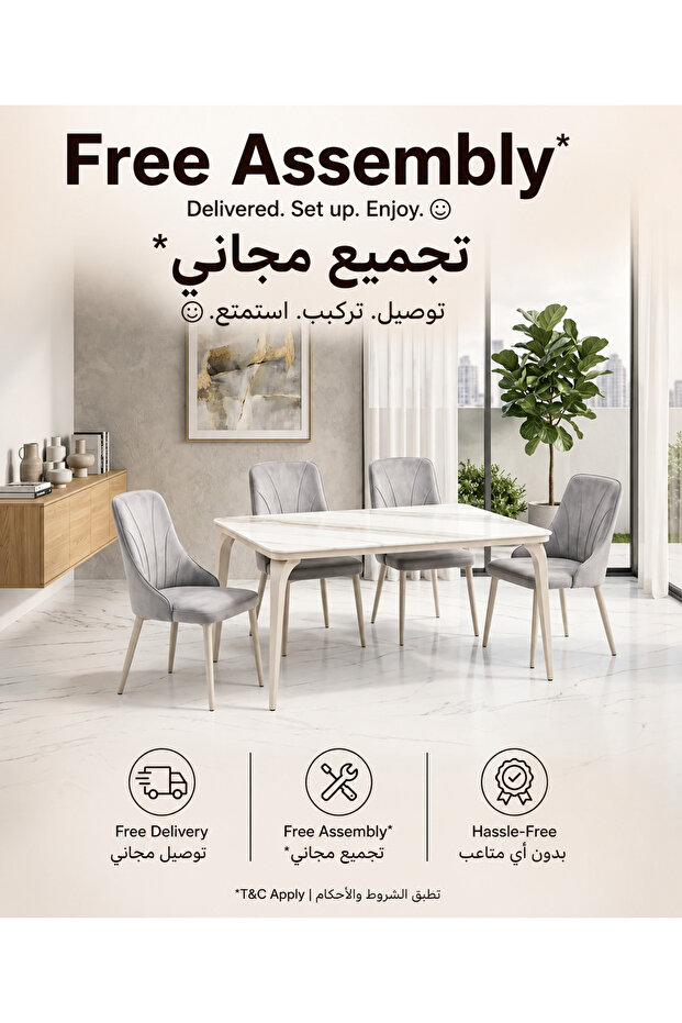 طاولة طعام رخامية مع 4 كراسي جلدية باللون الرمادي مقاس 130x80x76 سم