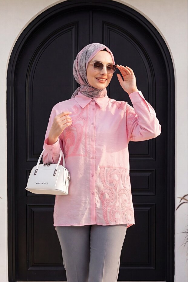 Asymmetrical Embroidered Buttoned Tulle Voile Tunic -Pink