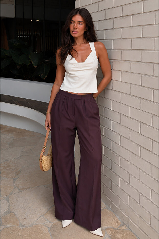 Burgundy Wide Leg Women's Fabric Trousers Sh341