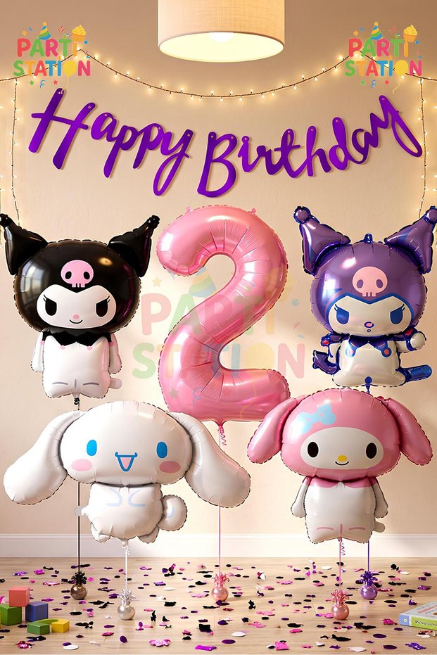 2 Years Pink Balloon Set - Sanrio Kuromi Melody Cinnamon Anime Concept Birthday