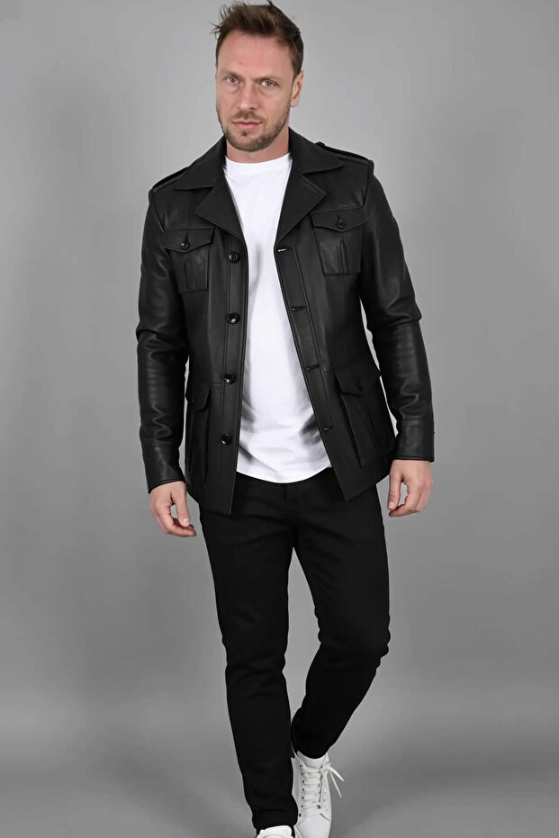 Harrison Genuine Leather Men's Black Safari Leather Jacket