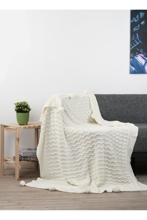 Ecru Color 10 Pompom Tongue Knitwear with Tv Blanket - 130X170 Leg Shawl and Sofa Shawl