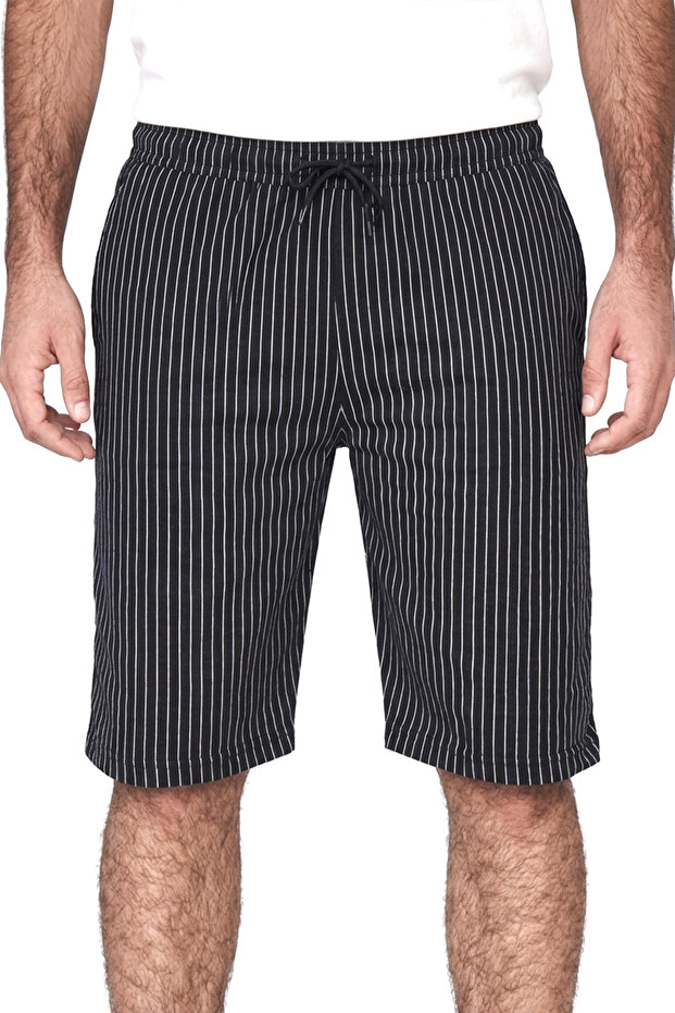 Men's Black Striped Two Thread 85% Cotton 15% Polyester Comfortable Fit Casual Striped Bermuda Shorts
