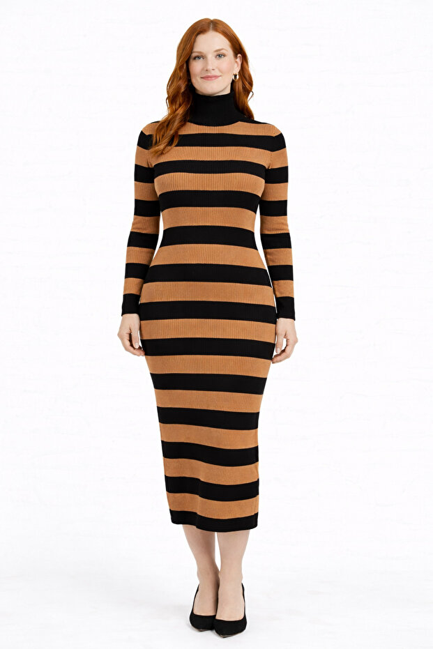 Striped Turtleneck Ribbed Knit Dress