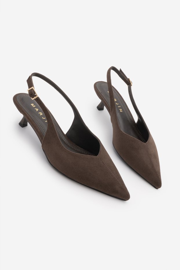 Women's Stiletto Open Back, Front Stitching Detailed, V-Neck, Short Classic Heeled Shoes, Orvani Brown Suede