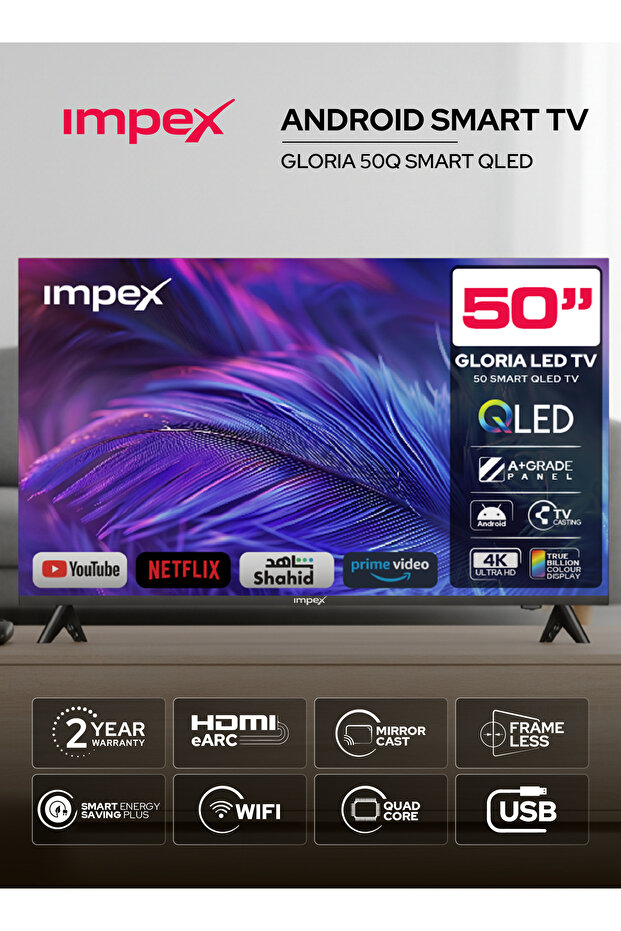 تلفزيون Gloria50Q الذكي بنظام أندرويد QLED مقاس 50 بوصة (أندرويد 14، بدون إطار، رباعي النواة) - أسود