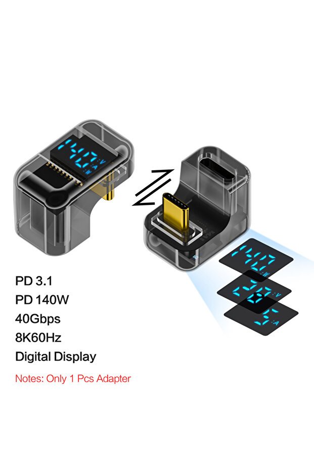 U Shape Transparent PD 140W USB-C Male to Female Connector 40Gbps 8K@60Hz 90 Degree USB C Adapter Di