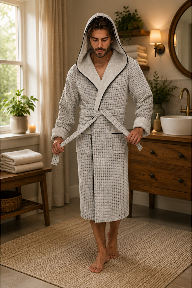 Men's Hooded Plaid Bamboo Cotton Soft Absorbent Luxury Bathrobe