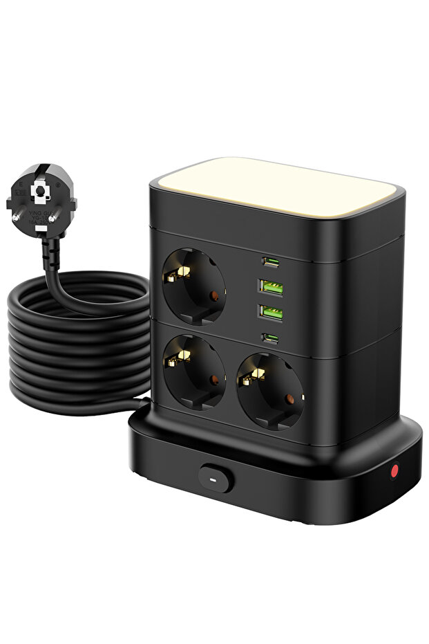شريط طاقة عمودي أسود اللون مزود بمنافذ متعددة، ومنفذي USB، ومنفذي Type C، وكابل تمديد بطول 2 متر، وقابس أوروبي.