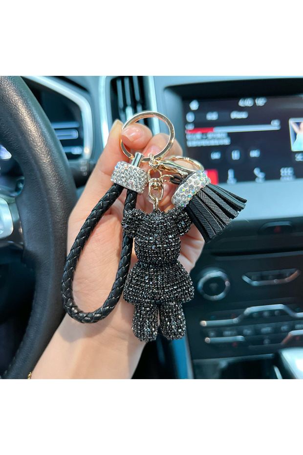 سلسلة مفاتيح سيارة سوداء صغيرة على شكل دب عنيف، مرصعة بالألماس، مخصصة، لطيفة، مع شرابة حبلية ديناميكية