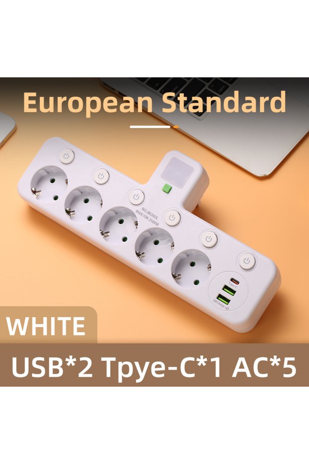 5 USB white EU Plug Wall Mounted European Standard Socket Power Strip 5 AC Independent Switch With U