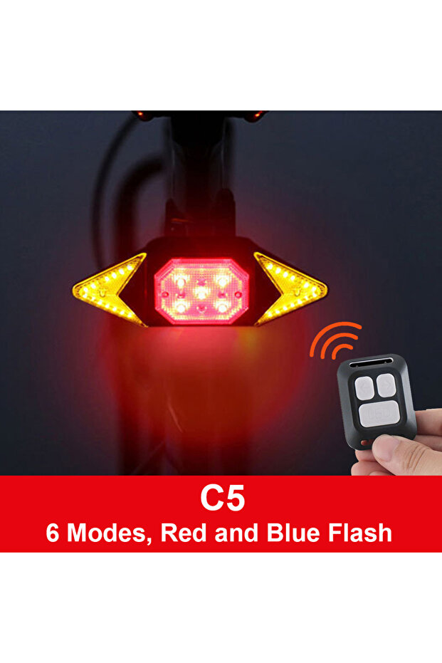 ضوء خلفي C5 للدراجات مع إشارة انعطاف، ضوء خلفي USB للدراجات مع تحكم عن بعد لاسلكي وبوق