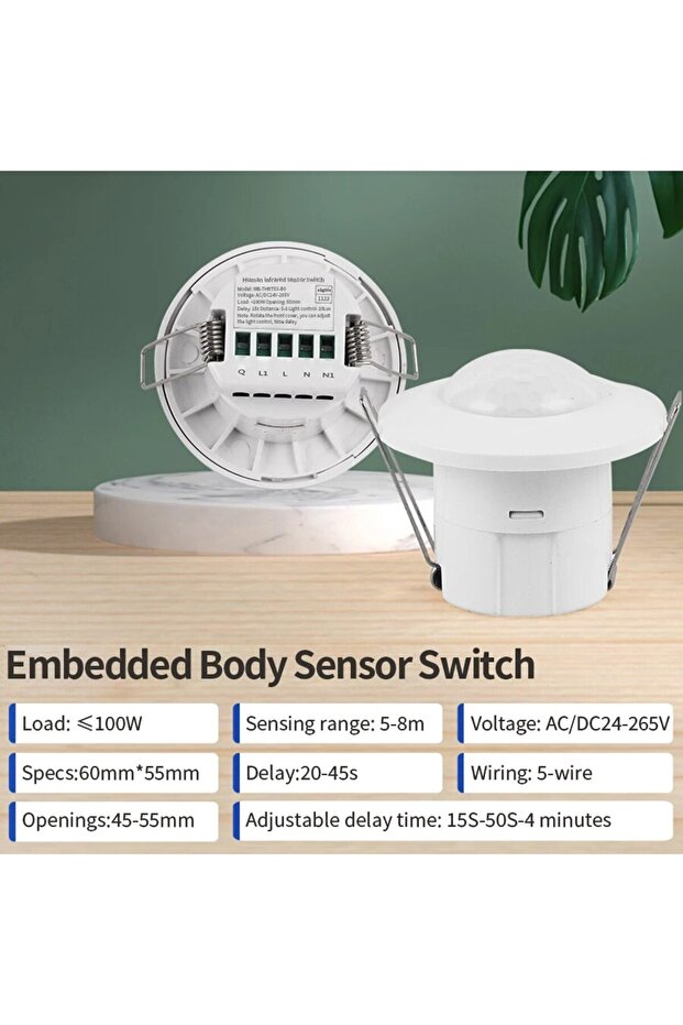 White AC/DC 24-265V PIR Embedded Human Body Infrared Sensor Switch Adjustable LED Detector 360° Degr