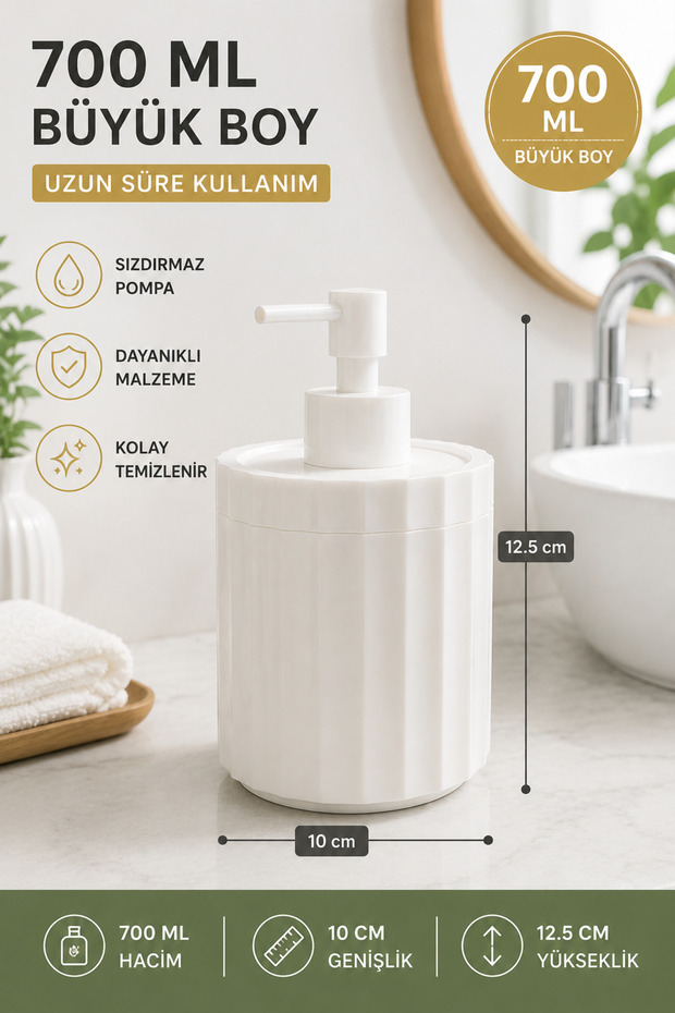 موزع صابون سائل أبيض للحمام والمطبخ سعة 700 مل XL من Desen Tezgah Top